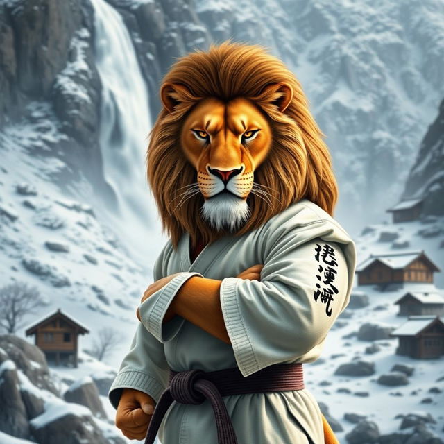 A proud lion with a frown, wearing a judo outfit, standing majestically in a snowy mountain landscape