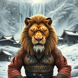 A proud lion with a frown, dressed in kung fu attire, showcasing a fierce expression