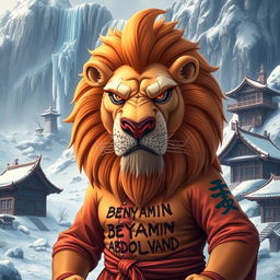 A proud lion with a frown, dressed in kung fu attire, showcasing a fierce expression