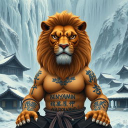 A proud lion with a frown, dressed in kung fu attire, showcasing a fierce expression