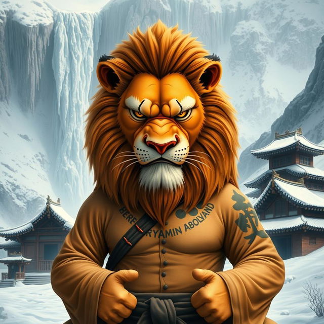 A proud lion with a frown, dressed in kung fu attire, showcasing a fierce expression