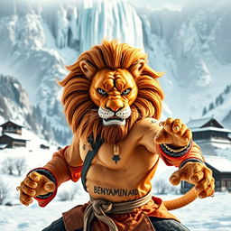 A proud lion practicing kung fu in a snowy mountain setting, with a fierce and determined expression
