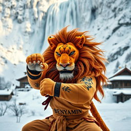 A proud lion practicing kung fu in a snowy mountain setting, with a fierce and determined expression