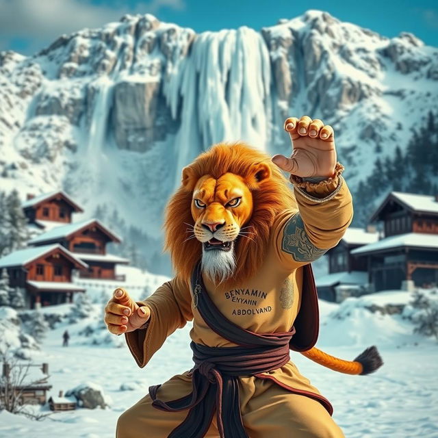 A proud lion practicing kung fu in a snowy mountain setting, with a fierce and determined expression