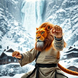 A proud lion practicing kung fu in a snowy mountain setting, with a fierce and determined expression