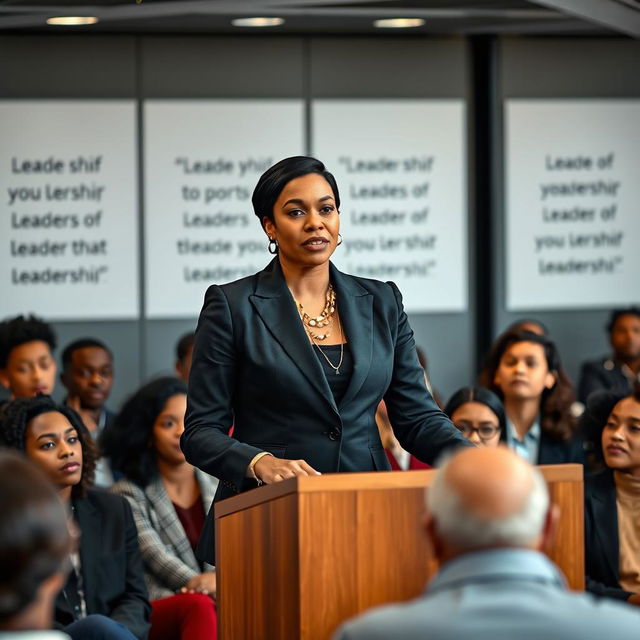 A powerful and confident woman standing at a podium, addressing a crowd with poise and determination