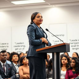 A powerful and confident woman standing at a podium, addressing a crowd with poise and determination