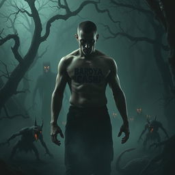 A scary shadowy man with the tattoo "BARDYA CASHI" on his body, standing in a dark and frightening forest, with ominous supernatural creatures lurking around him, creating an atmosphere of tension and intrigue