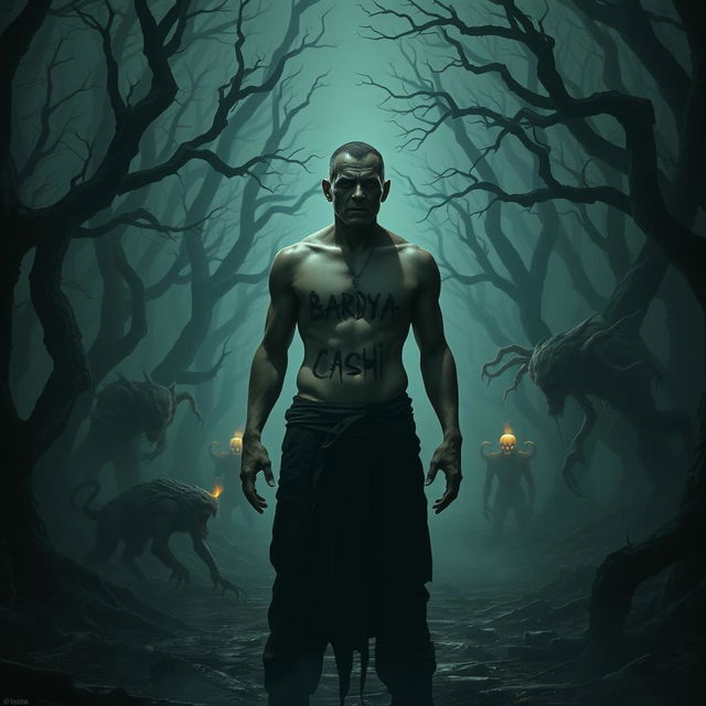 A scary shadowy man with the tattoo "BARDYA CASHI" on his body, standing in a dark and frightening forest, with ominous supernatural creatures lurking around him, creating an atmosphere of tension and intrigue