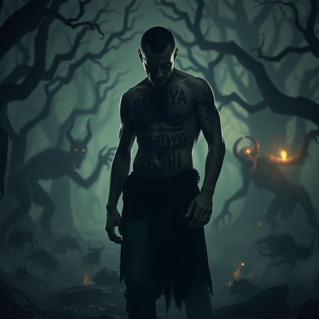 A scary shadowy man with the tattoo "BARDYA CASHI" on his body, standing in a dark and frightening forest, with ominous supernatural creatures lurking around him, creating an atmosphere of tension and intrigue