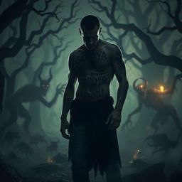 A scary shadowy man with the tattoo "BARDYA CASHI" on his body, standing in a dark and frightening forest, with ominous supernatural creatures lurking around him, creating an atmosphere of tension and intrigue