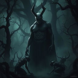 A terrifying dark shadowy creature with the tattoo 'BARDYA CASHI' etched on its body, standing imposingly in a dark and eerie forest