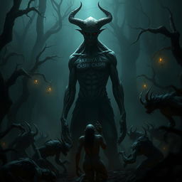 A terrifying dark shadowy creature with the tattoo 'BARDYA CASHI' etched on its body, standing imposingly in a dark and eerie forest