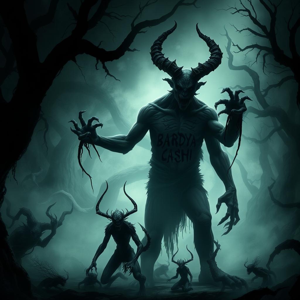 A terrifying dark shadowy creature with the tattoo 'BARDYA CASHI' etched on its body, standing imposingly in a dark and eerie forest