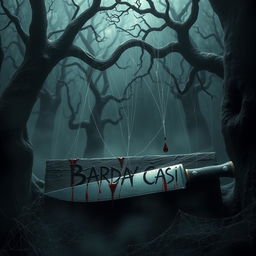 A terrifying scene in a dark, eerie forest where horrifying supernatural creatures dominate the surroundings, commanded by a figure named BARDYA CASHI