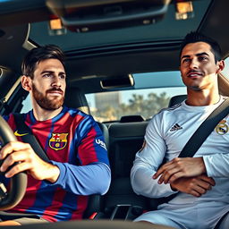 A high-quality, realistic photograph of two legendary football players, Lionel Messi and Cristiano Ronaldo, inside a car