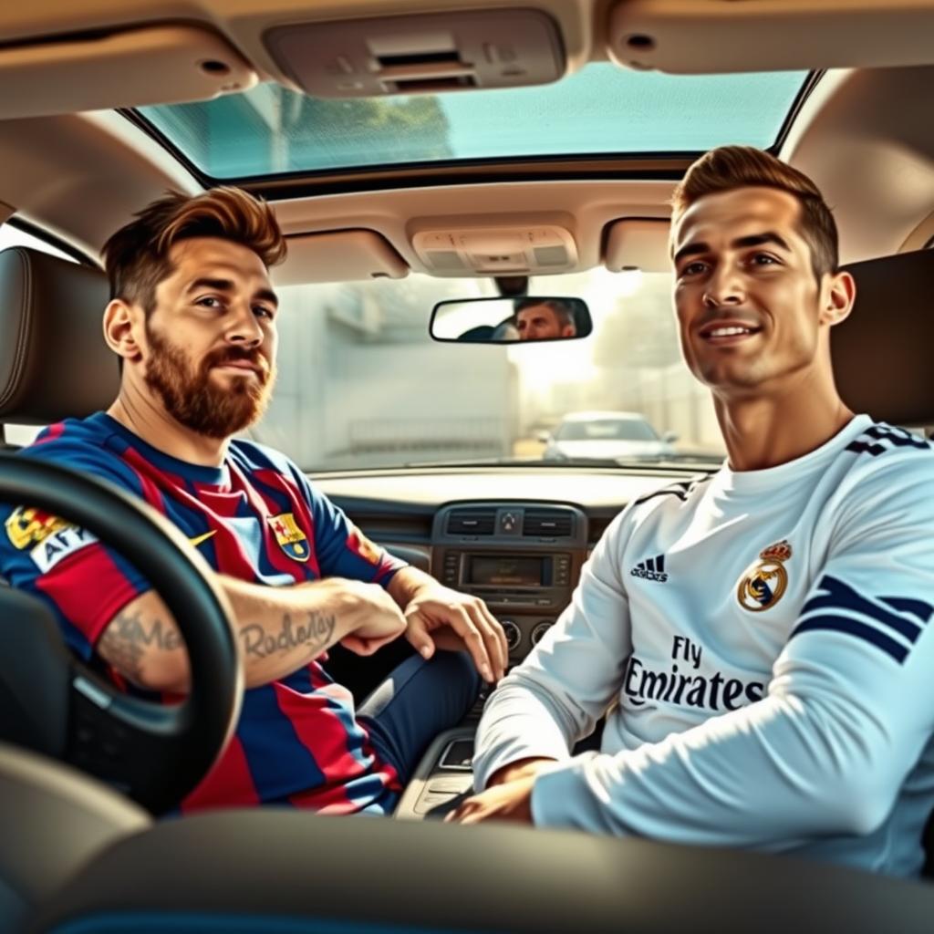 A high-quality, realistic photograph of two legendary football players, Lionel Messi and Cristiano Ronaldo, inside a car