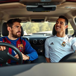 A high-quality, realistic photograph of two legendary football players, Lionel Messi and Cristiano Ronaldo, inside a car
