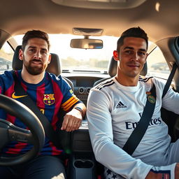 A high-quality, realistic photograph of two legendary football players, Lionel Messi and Cristiano Ronaldo, inside a car