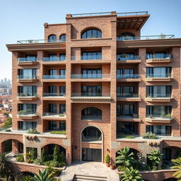 A breathtaking view of a 20-story building showcasing deconstructivist architecture inspired by Qajar era architecture