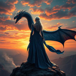A majestic scene featuring Daenerys Targaryen in her iconic silver hair, wearing a flowing blue gown adorned with intricate patterns, standing confidently atop a rocky cliff