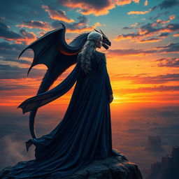 A majestic scene featuring Daenerys Targaryen in her iconic silver hair, wearing a flowing blue gown adorned with intricate patterns, standing confidently atop a rocky cliff