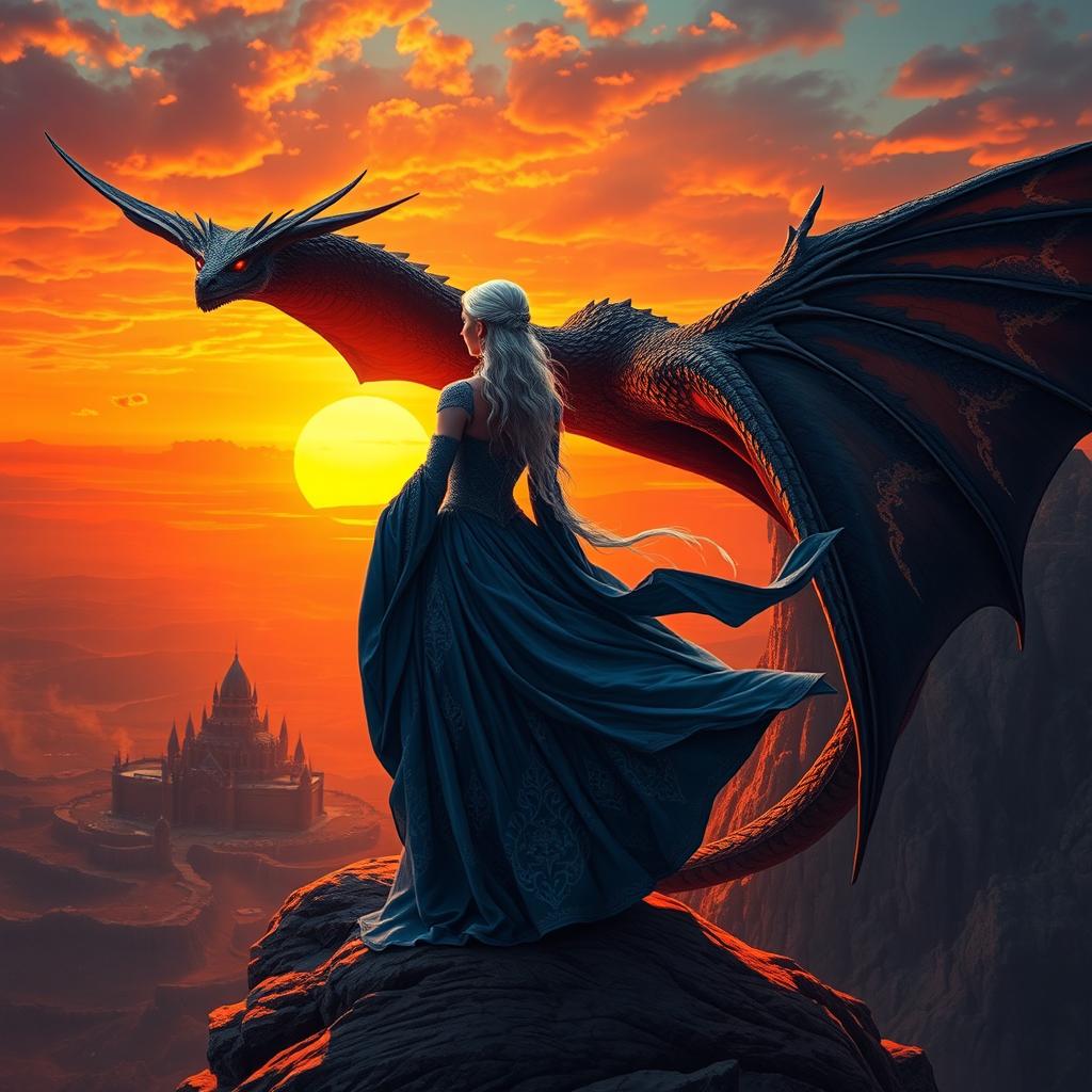 A majestic scene featuring Daenerys Targaryen in her iconic silver hair, wearing a flowing blue gown adorned with intricate patterns, standing confidently atop a rocky cliff