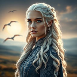 A stunning portrait of Daenerys Targaryen, showcasing her iconic silver hair cascading down her shoulders in soft waves