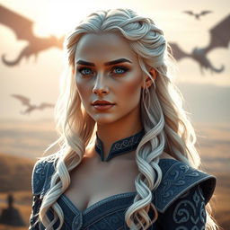 A stunning portrait of Daenerys Targaryen, showcasing her iconic silver hair cascading down her shoulders in soft waves