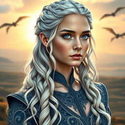 A stunning portrait of Daenerys Targaryen, showcasing her iconic silver hair cascading down her shoulders in soft waves