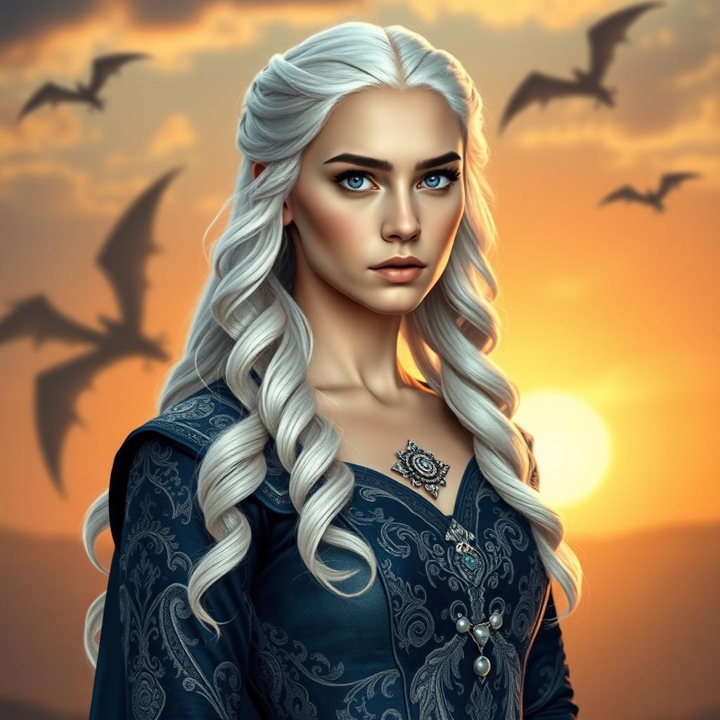 A stunning portrait of Daenerys Targaryen, showcasing her iconic silver hair cascading down her shoulders in soft waves