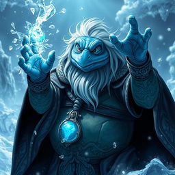 An old blue male tortle wizard with long white hair, casting a powerful ice spell