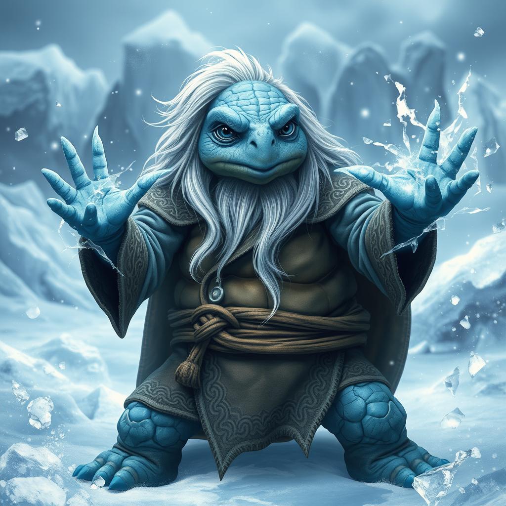 An old blue male tortle wizard with long white hair, casting a powerful ice spell