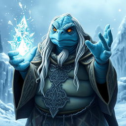 An old blue male tortle wizard with long white hair, casting a powerful ice spell