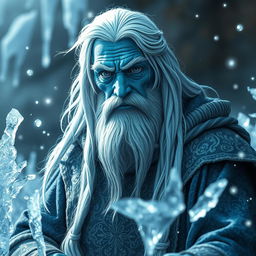 An old blue male tortle wizard with long white hair styled in a queue, surrounded by shimmering ice crystals and frost