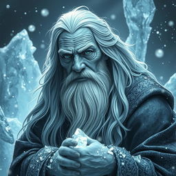 An old blue male tortle wizard with long white hair styled in a queue, surrounded by shimmering ice crystals and frost