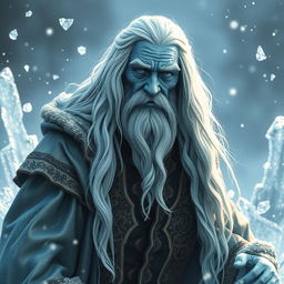 An old blue male tortle wizard with long white hair styled in a queue, surrounded by shimmering ice crystals and frost