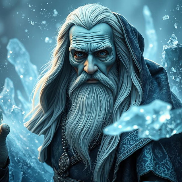 An old blue male tortle wizard with long white hair styled in a queue, surrounded by shimmering ice crystals and frost