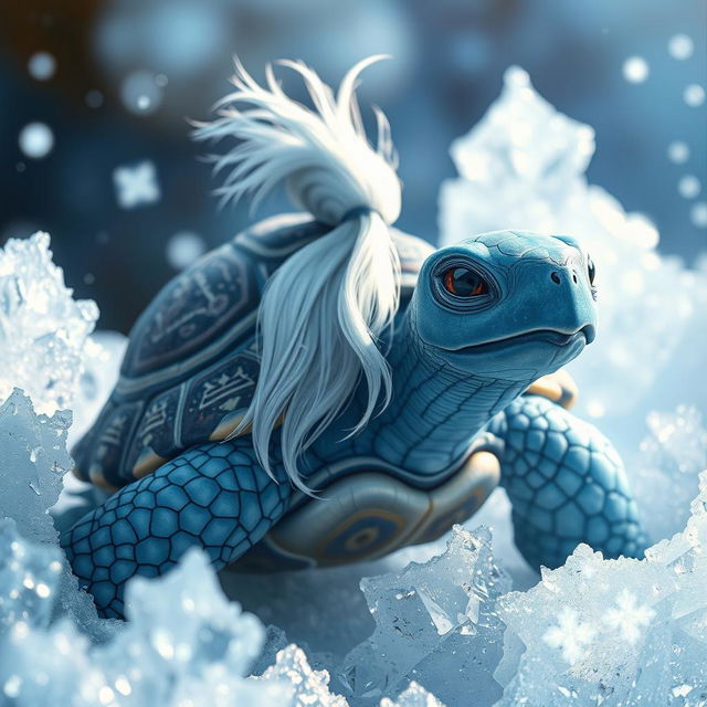 A blue male tortle with long white hair styled in a queue, surrounded by a beautiful array of ice crystals and shimmering frost