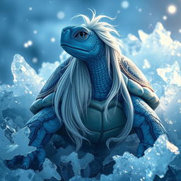 A blue male tortle with long white hair styled in a queue, surrounded by a beautiful array of ice crystals and shimmering frost