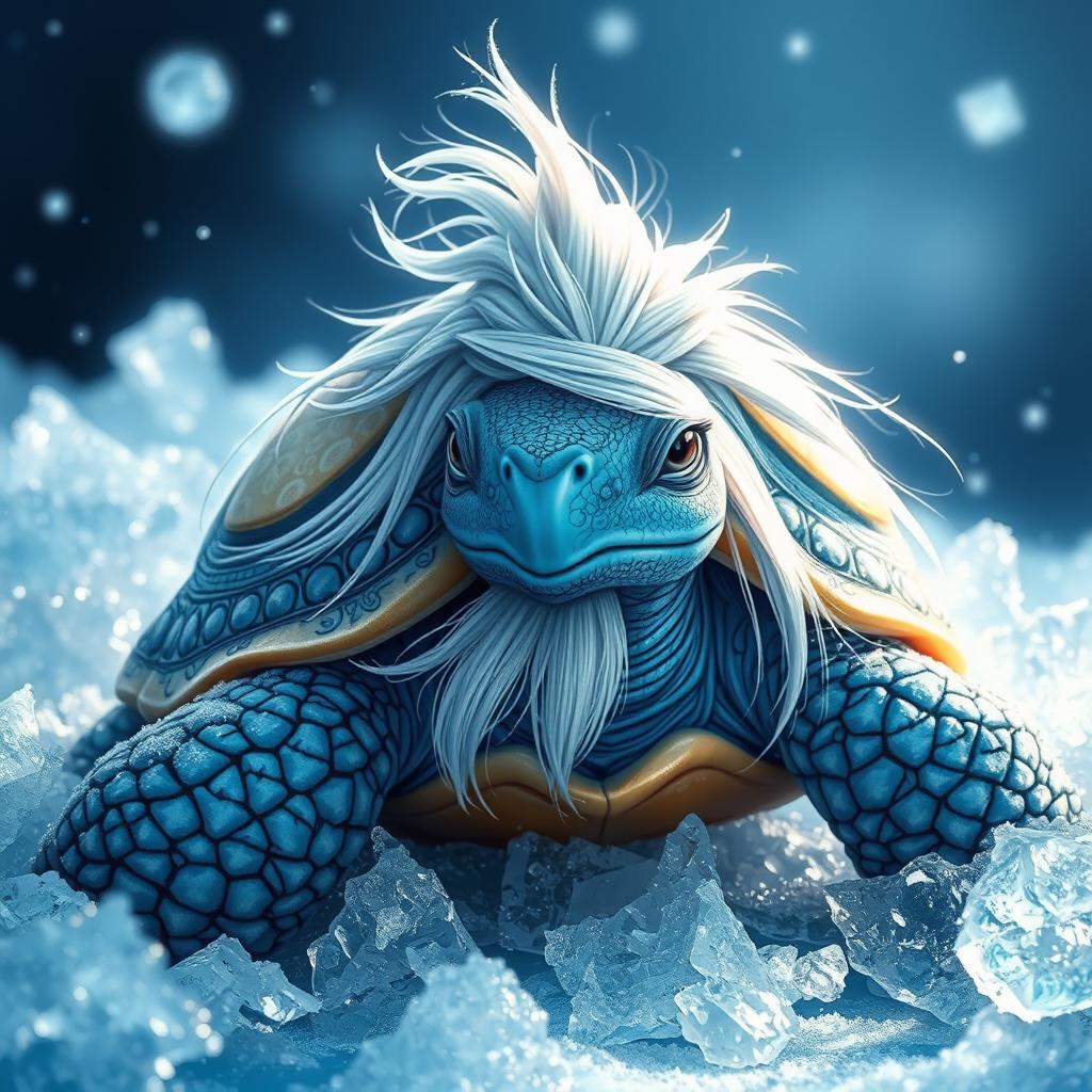 A blue male tortle with long white hair styled in a queue, surrounded by a beautiful array of ice crystals and shimmering frost