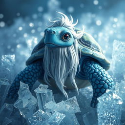 A blue male tortle with long white hair styled in a queue, surrounded by a beautiful array of ice crystals and shimmering frost