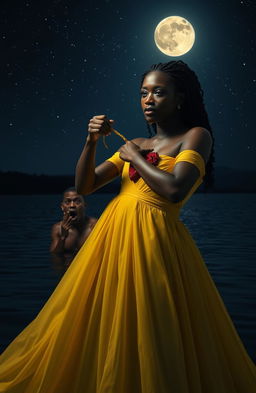 A dramatic scene depicting a 25-year-old black woman dressed in a flowing yellow gown, gracefully pulling out her own heart