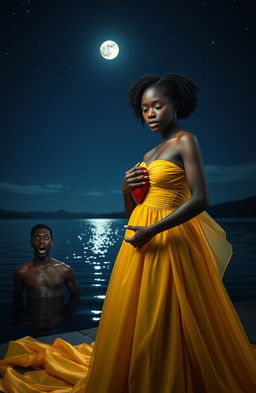 A dramatic scene depicting a 25-year-old black woman dressed in a flowing yellow gown, gracefully pulling out her own heart