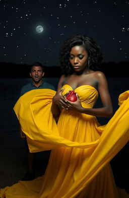 A dramatic scene depicting a 25-year-old black woman dressed in a flowing yellow gown, gracefully pulling out her own heart