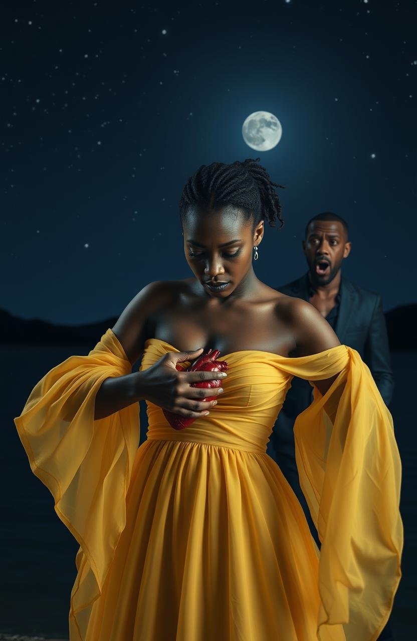 A dramatic scene depicting a 25-year-old black woman dressed in a flowing yellow gown, gracefully pulling out her own heart