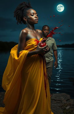 A dramatic and surreal scene featuring a 25-year-old black woman in a flowing yellow gown, pulling out her own heart, with blood splattering onto her gown and flying around her in a vivid display
