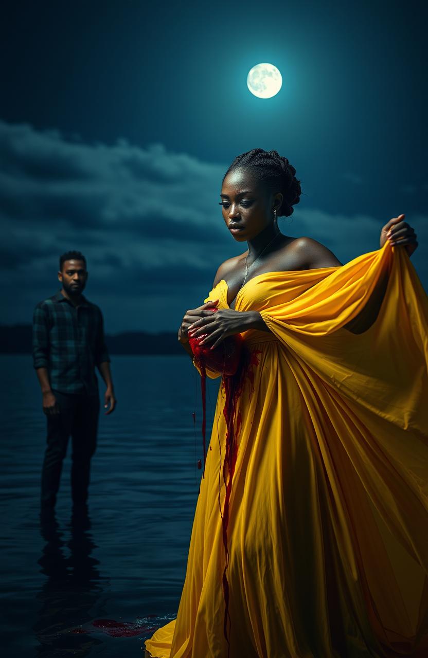 A dramatic and surreal scene featuring a 25-year-old black woman in a flowing yellow gown, pulling out her own heart, with blood splattering onto her gown and flying around her in a vivid display