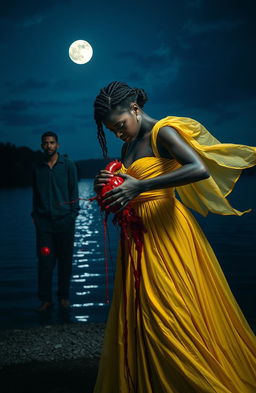 A dramatic and surreal scene featuring a 25-year-old black woman in a flowing yellow gown, pulling out her own heart, with blood splattering onto her gown and flying around her in a vivid display