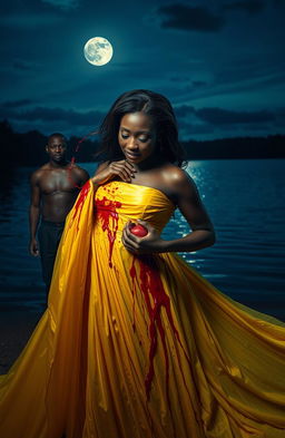 A dramatic and surreal scene featuring a 25-year-old black woman in a flowing yellow gown, pulling out her own heart, with blood splattering onto her gown and flying around her in a vivid display